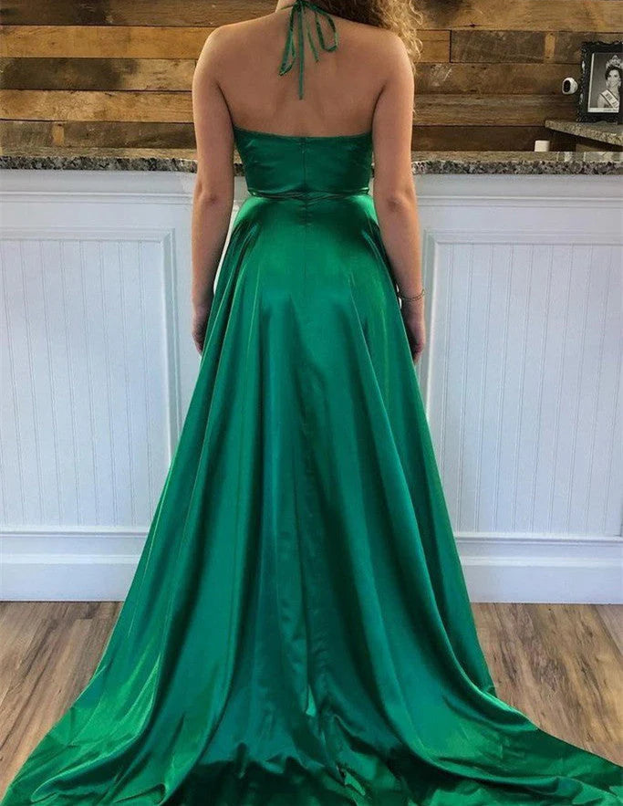 A Line Prom Dresses Sweep Train Slit Ruffles